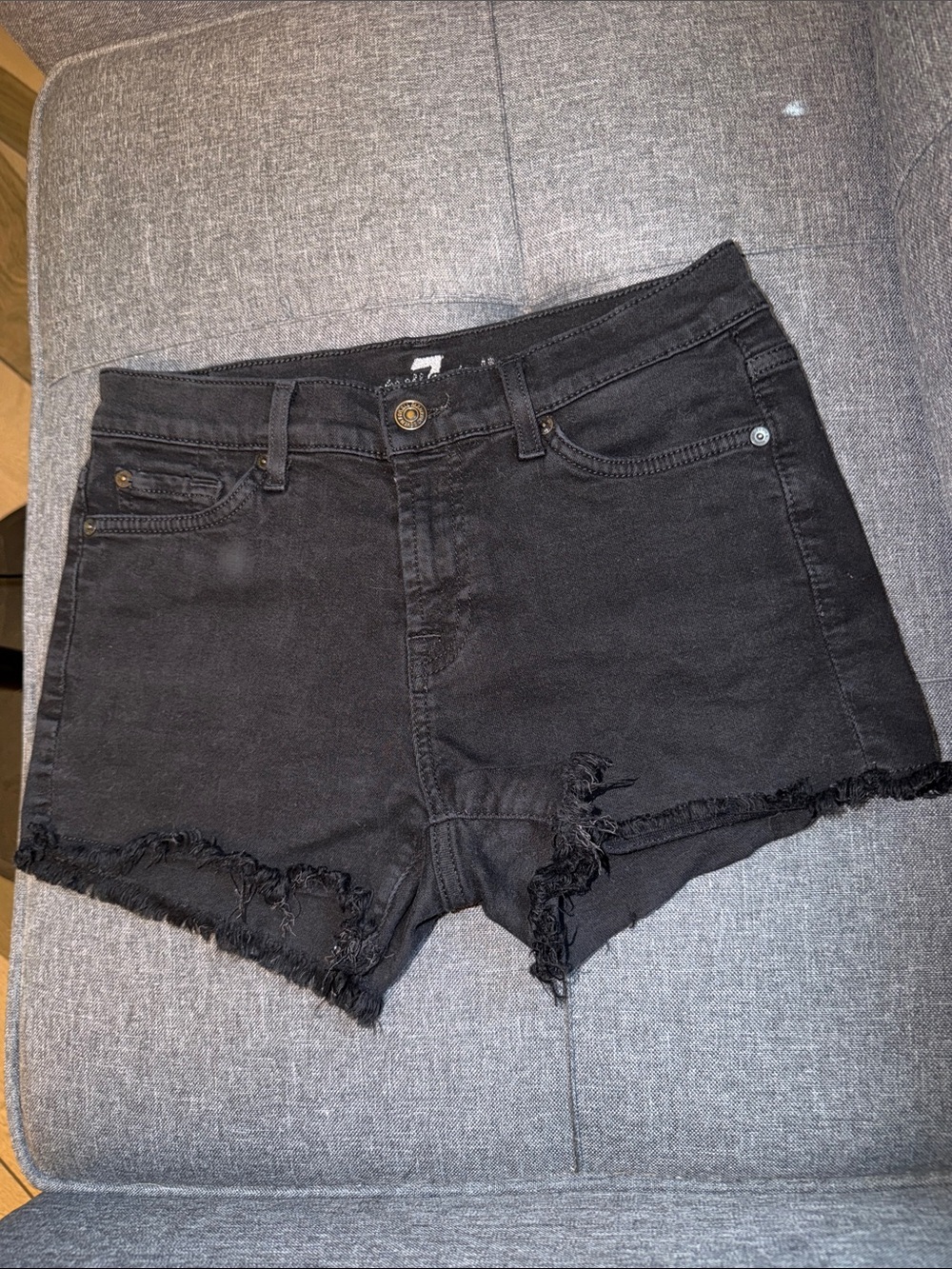 7 For All Mankind Black High-Rise Frayed Hem Denim Shorts